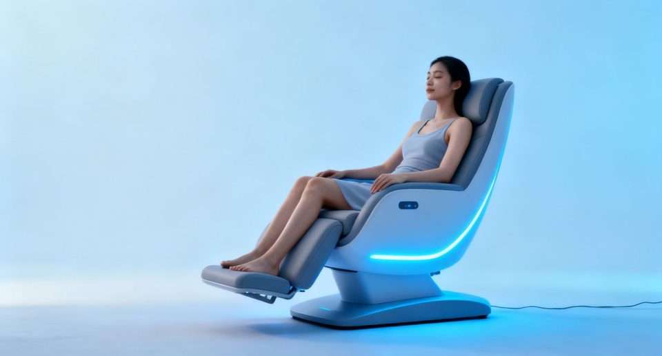 Woman using Emsella chair for incontinence treatment.