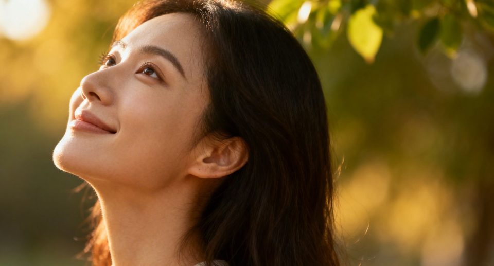 Woman smiling peacefully, looking up towards soft light.