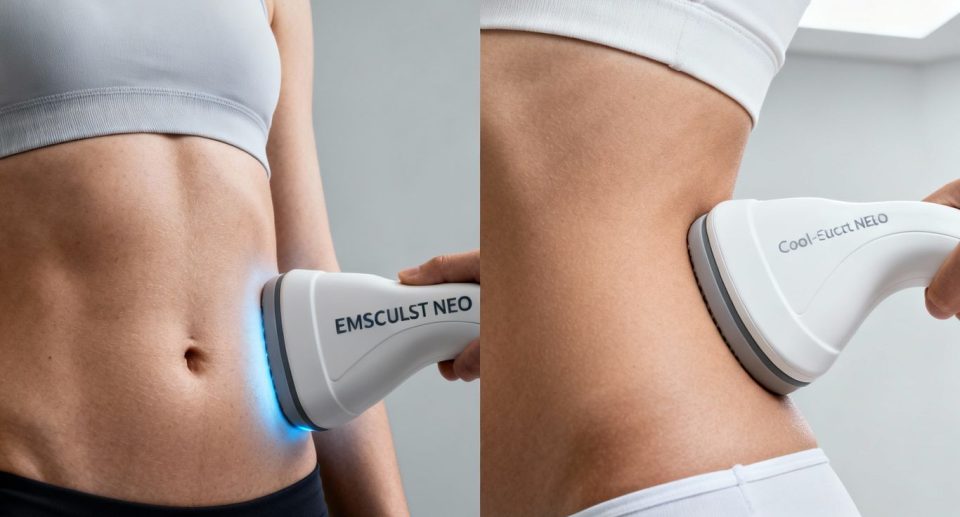 Emsculpt NEO and CoolSculpting devices and treatments side-by-side.