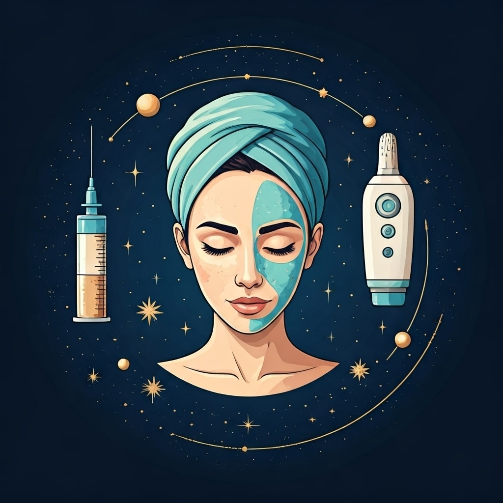 a woman with a blue towel on her head and a syringe and a needle
