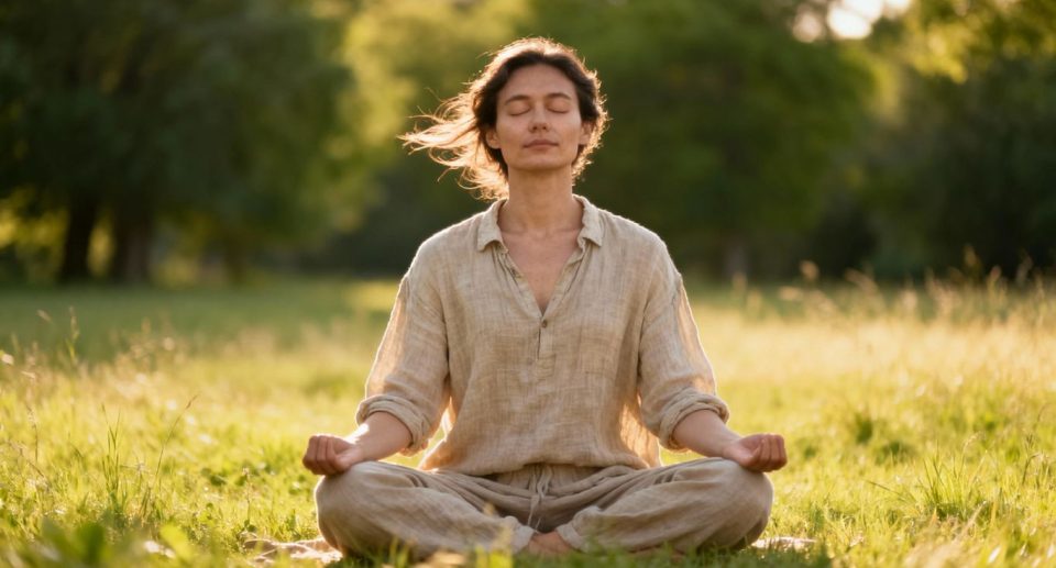 Calm person outdoors practicing mindfulness therapy
