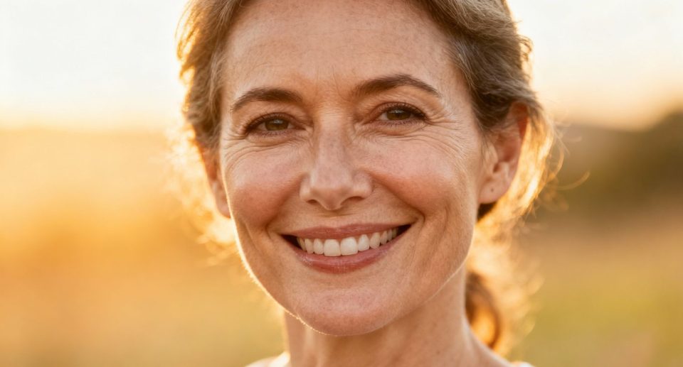 Woman smiling confidently, discussing menopause and BHRT.